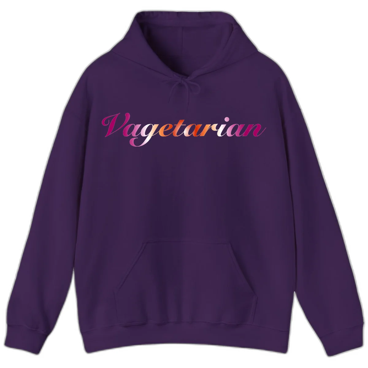Colorful 'Vegetarian' text in flowing script with magenta, pink, and orange lettering on gray background in Purple