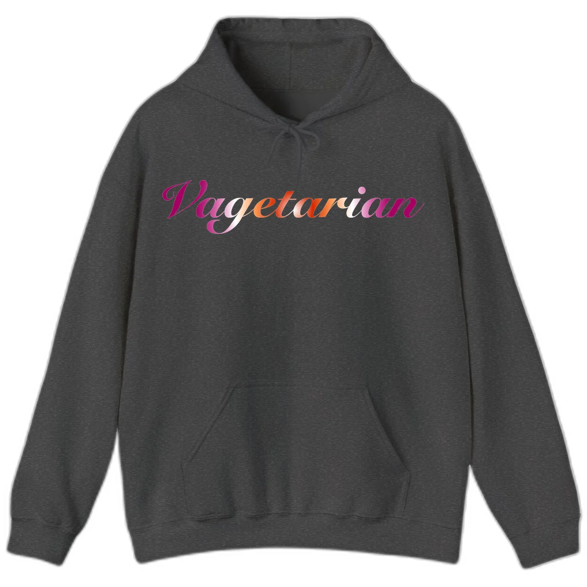 Colorful 'Vegetarian' text in flowing script with magenta, pink, and orange lettering on gray background in Dark Heather