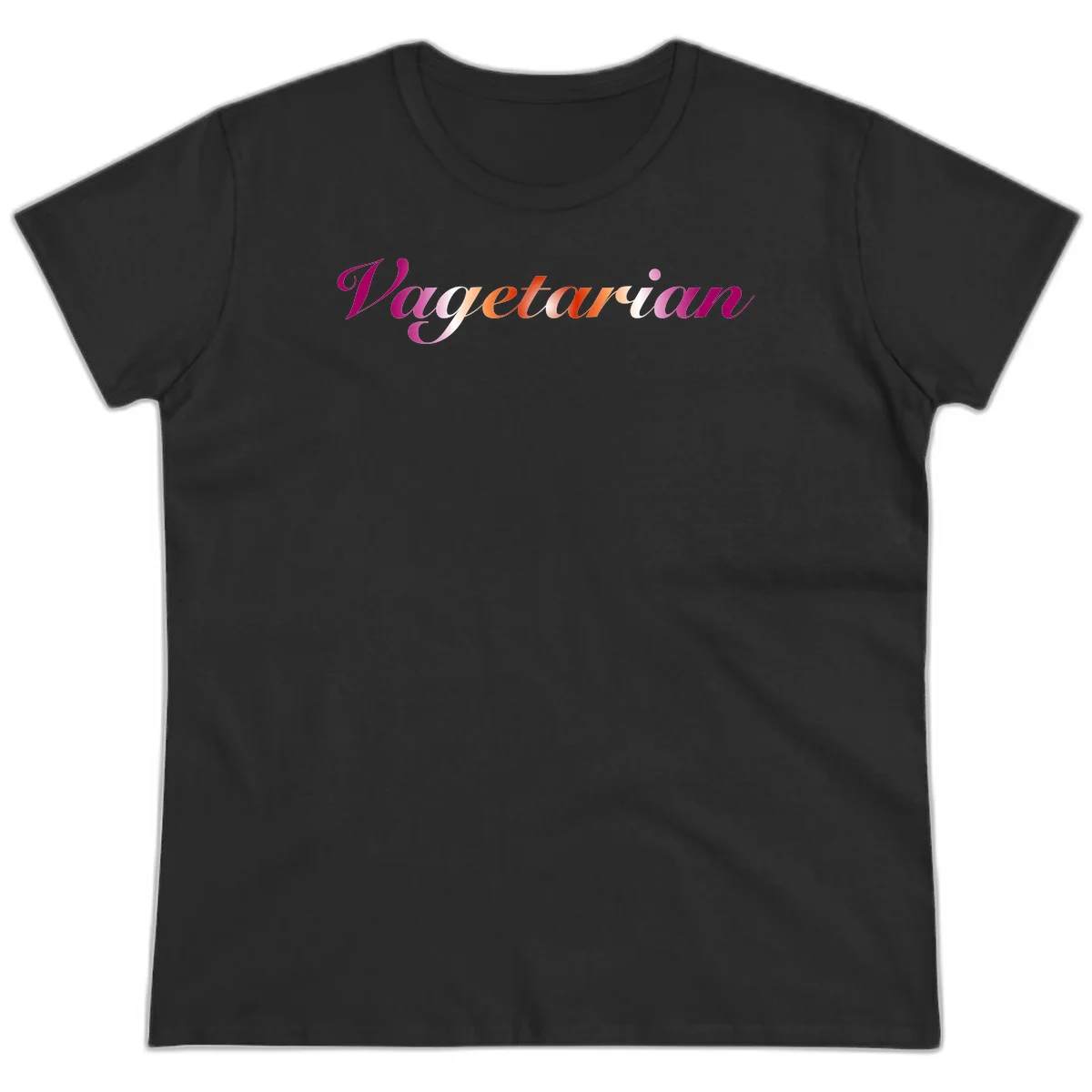 Colorful 'Vegetarian' text in flowing script with magenta, pink, and orange lettering on gray background in Black