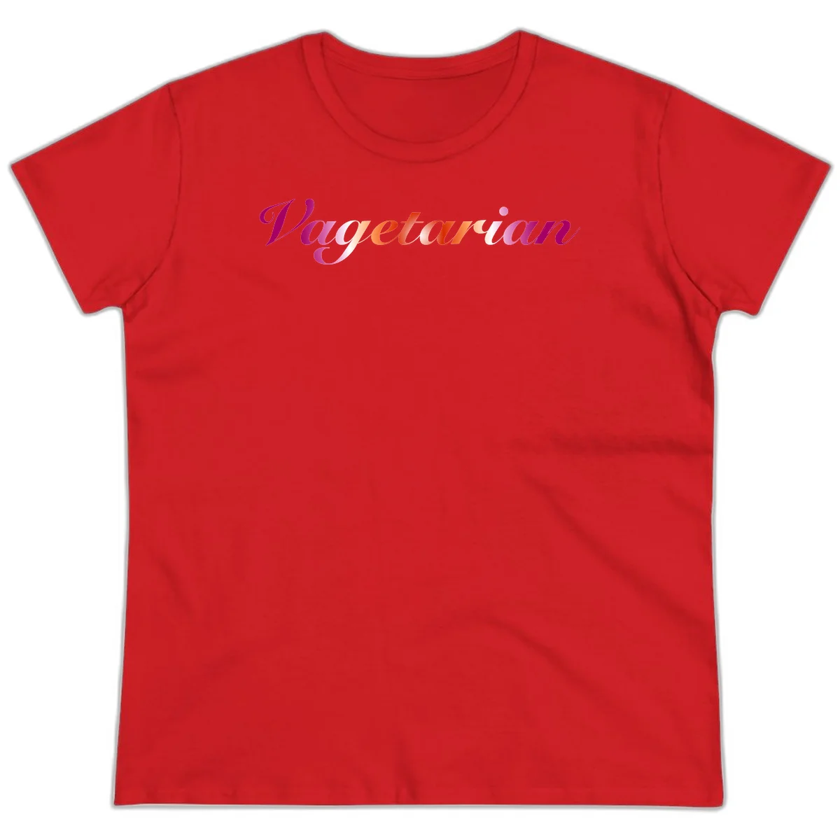 Colorful 'Vegetarian' text in flowing script with magenta, pink, and orange lettering on gray background in Red