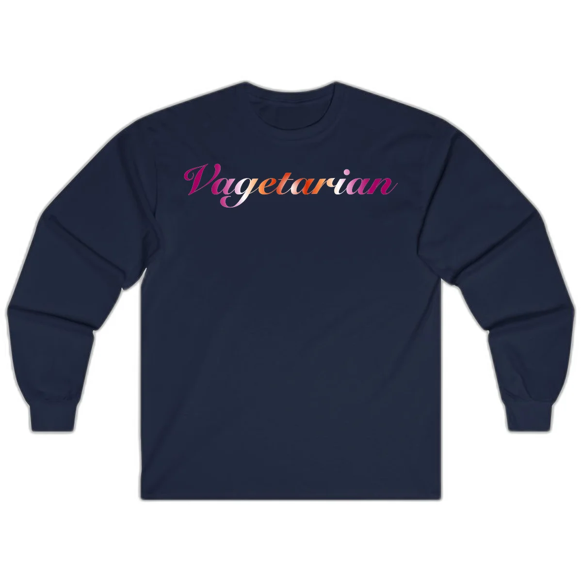 Colorful 'Vegetarian' text in flowing script with magenta, pink, and orange lettering on gray background in Navy