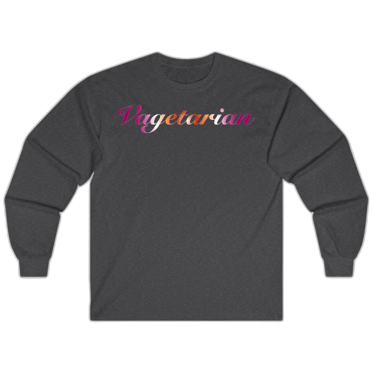 Colorful 'Vegetarian' text in flowing script with magenta, pink, and orange lettering on gray background in Dark Heather