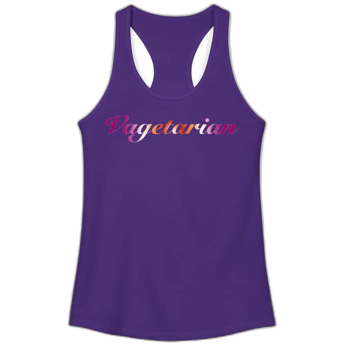 Colorful 'Vegetarian' text in flowing script with magenta, pink, and orange lettering on gray background in Solid Purple Rush