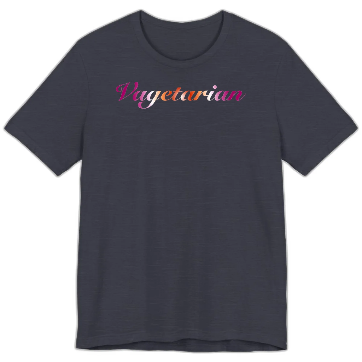 Colorful 'Vegetarian' text in flowing script with magenta, pink, and orange lettering on gray background in Heather Midnight Navy