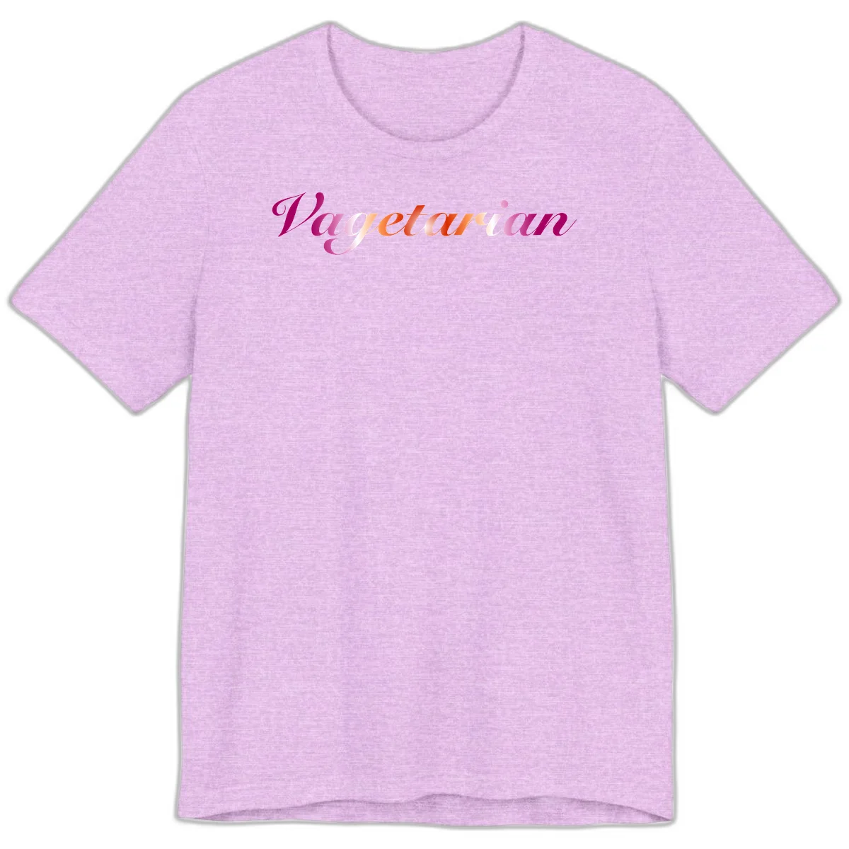 Colorful 'Vegetarian' text in flowing script with magenta, pink, and orange lettering on gray background in Heather Prism Lilac