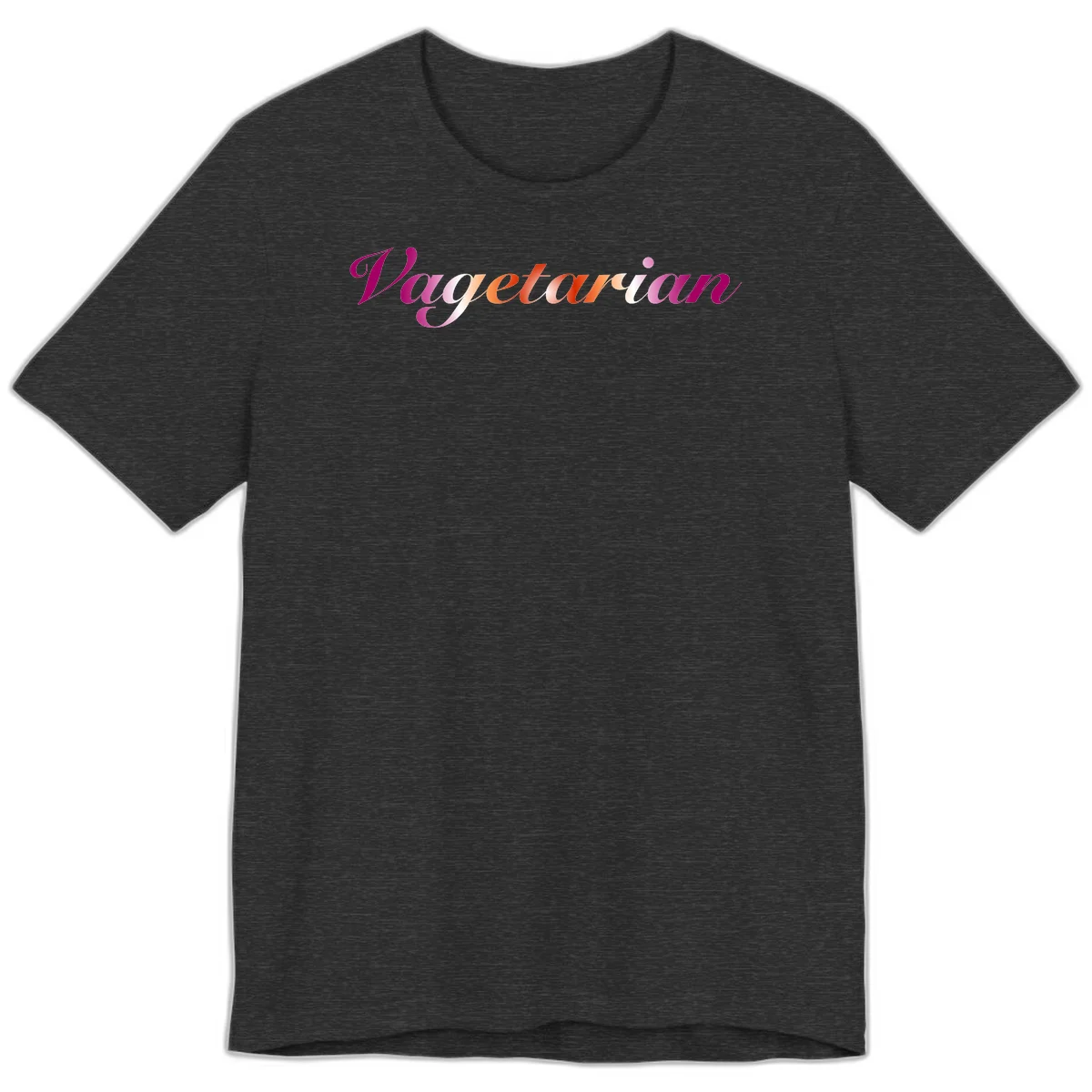 Colorful 'Vegetarian' text in flowing script with magenta, pink, and orange lettering on gray background in Dark Grey Heather