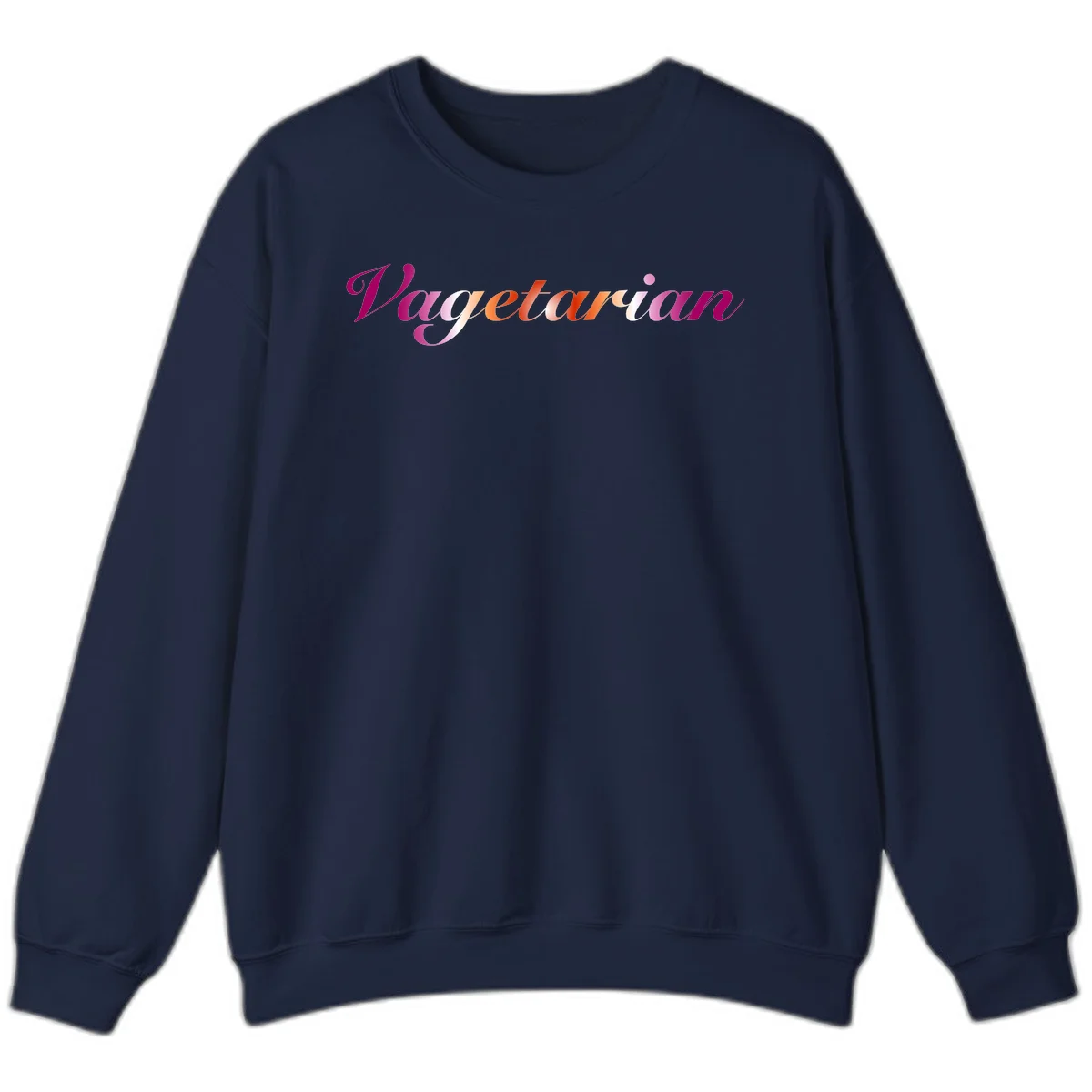 Colorful 'Vegetarian' text in flowing script with magenta, pink, and orange lettering on gray background in Navy