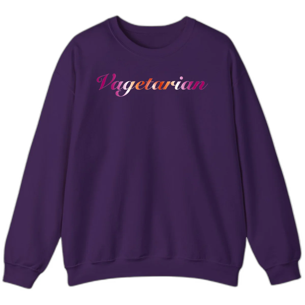 Colorful 'Vegetarian' text in flowing script with magenta, pink, and orange lettering on gray background in Purple