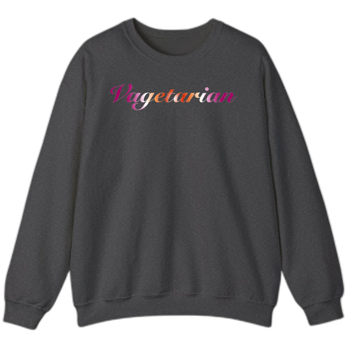 Colorful 'Vegetarian' text in flowing script with magenta, pink, and orange lettering on gray background in Dark Heather