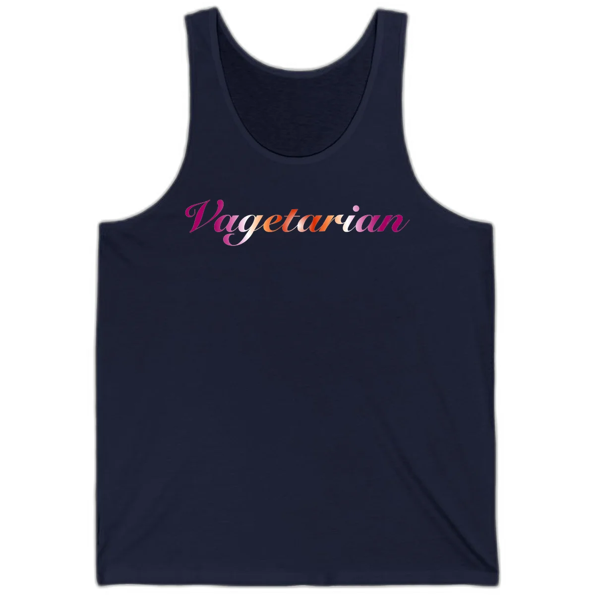 Colorful 'Vegetarian' text in flowing script with magenta, pink, and orange lettering on gray background in Navy