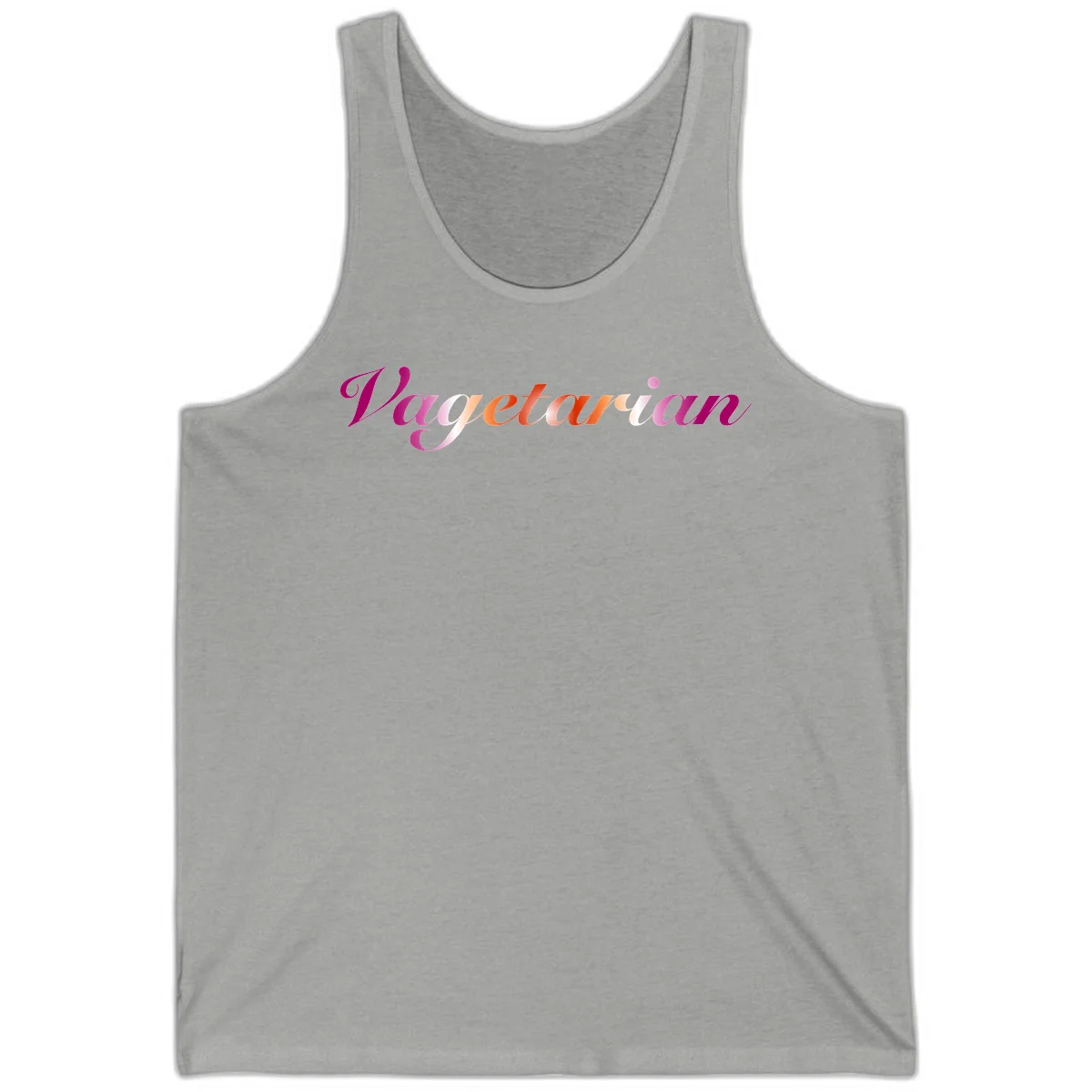 Colorful 'Vegetarian' text in flowing script with magenta, pink, and orange lettering on gray background in Athletic Heather