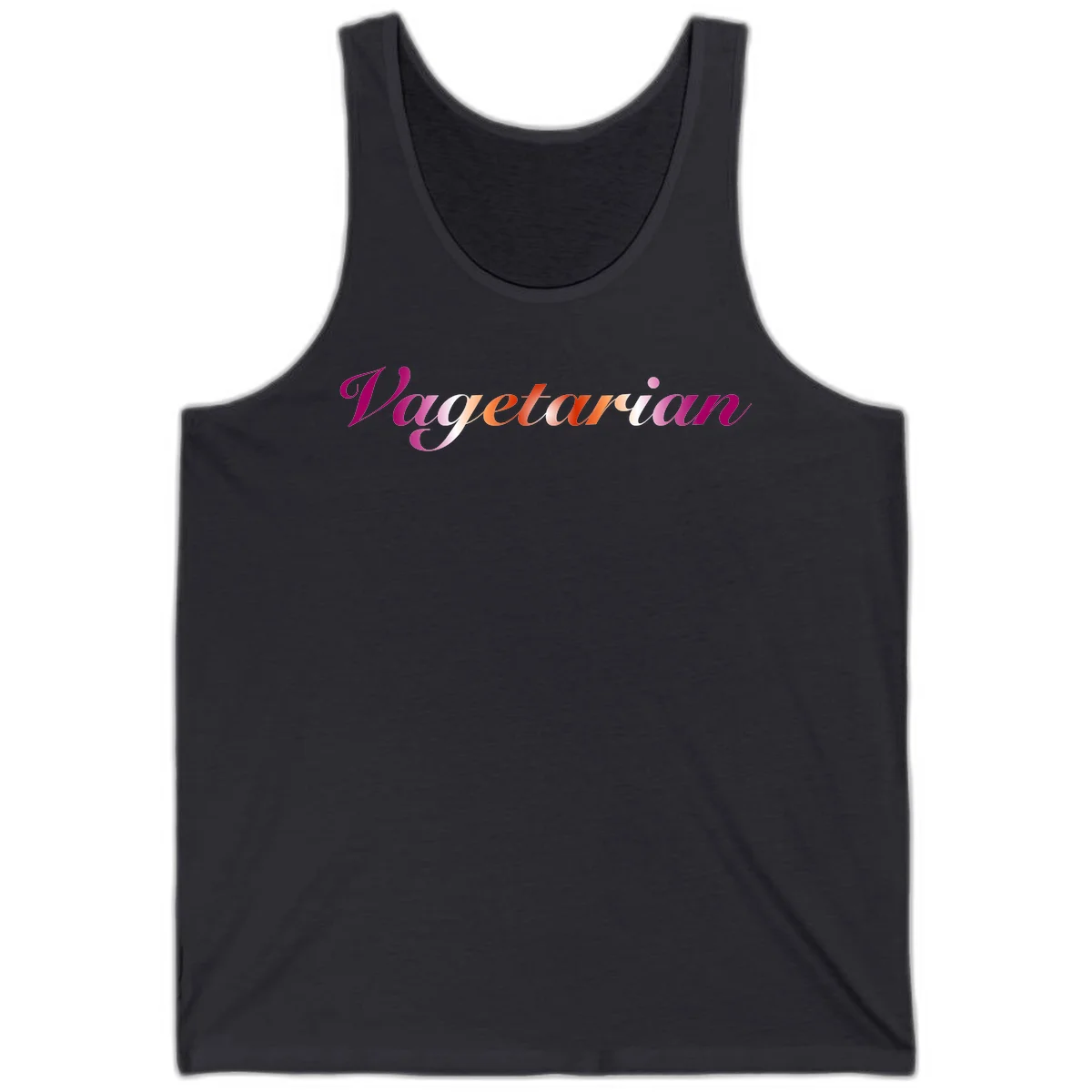 Colorful 'Vegetarian' text in flowing script with magenta, pink, and orange lettering on gray background in Dark Grey