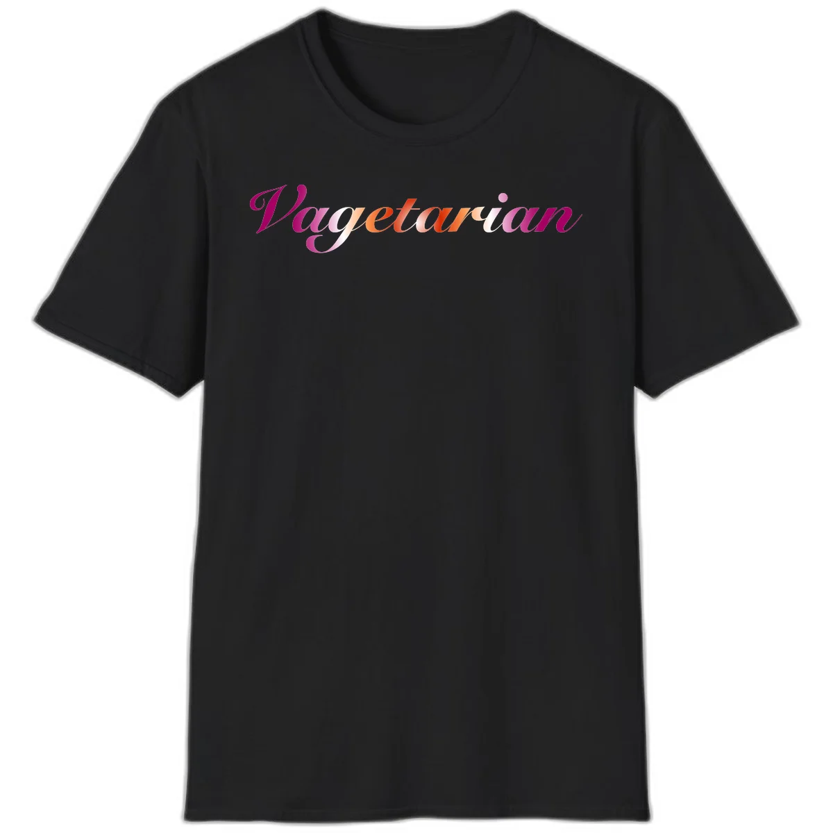 Colorful 'Vegetarian' text in flowing script with magenta, pink, and orange lettering on gray background in Black