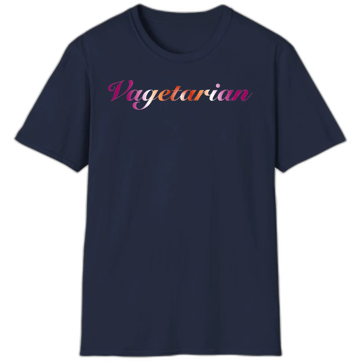 Colorful 'Vegetarian' text in flowing script with magenta, pink, and orange lettering on gray background in Navy