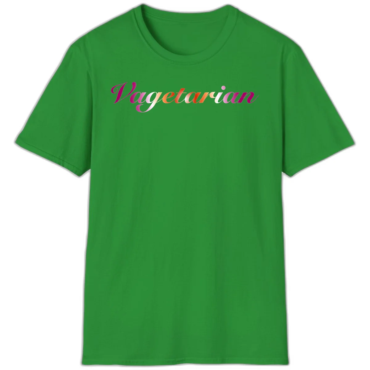 Colorful 'Vegetarian' text in flowing script with magenta, pink, and orange lettering on gray background in Irish Green