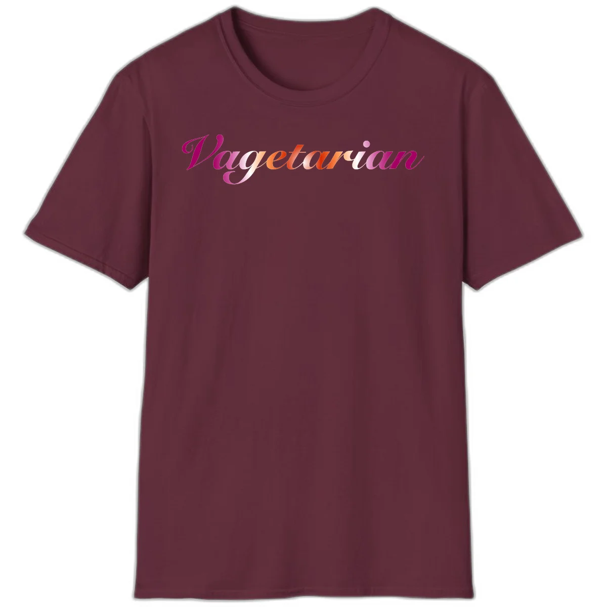 Colorful 'Vegetarian' text in flowing script with magenta, pink, and orange lettering on gray background in Maroon