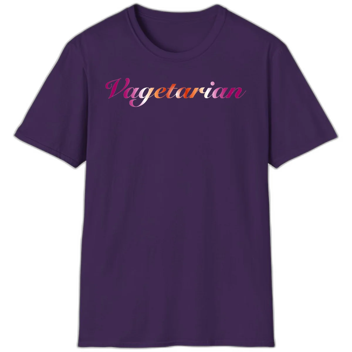 Colorful 'Vegetarian' text in flowing script with magenta, pink, and orange lettering on gray background in Purple