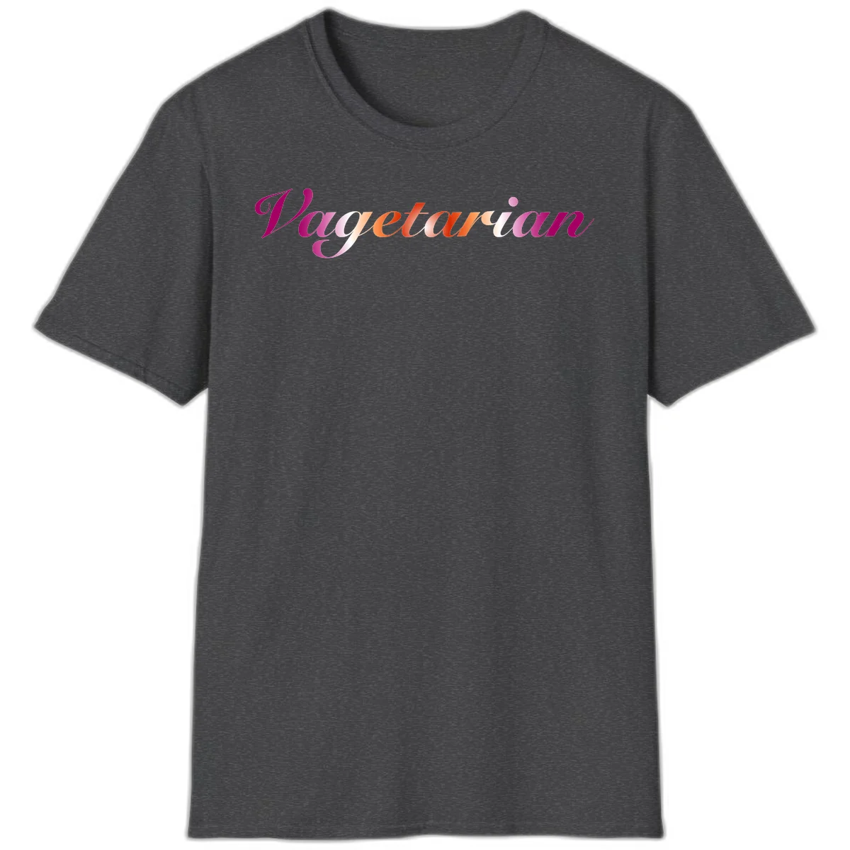 Colorful 'Vegetarian' text in flowing script with magenta, pink, and orange lettering on gray background in Dark Heather