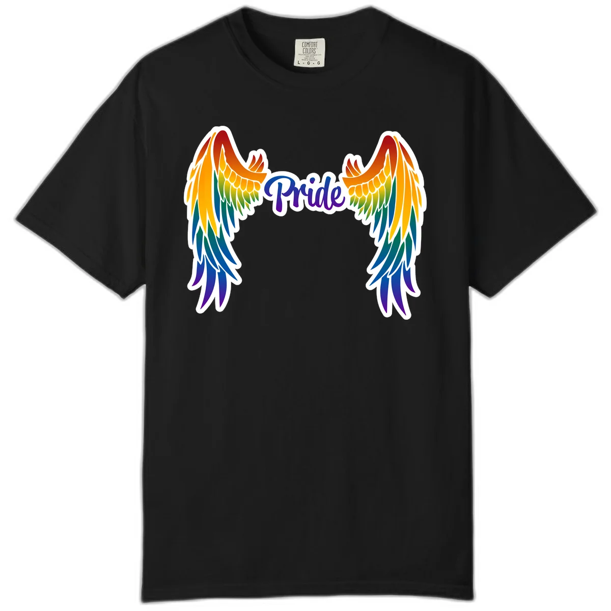 Rainbow gradient angel wings in red, orange, yellow, green, teal, blue, and purple with 'Pride' text in purple script in Black