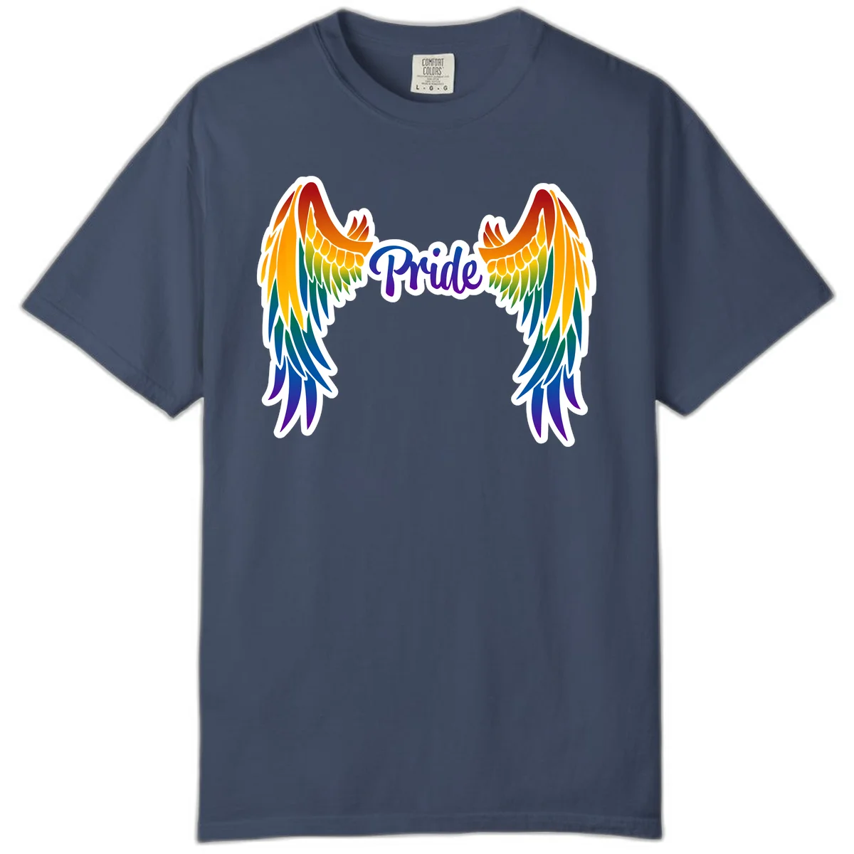 Rainbow gradient angel wings in red, orange, yellow, green, teal, blue, and purple with 'Pride' text in purple script in Midnight