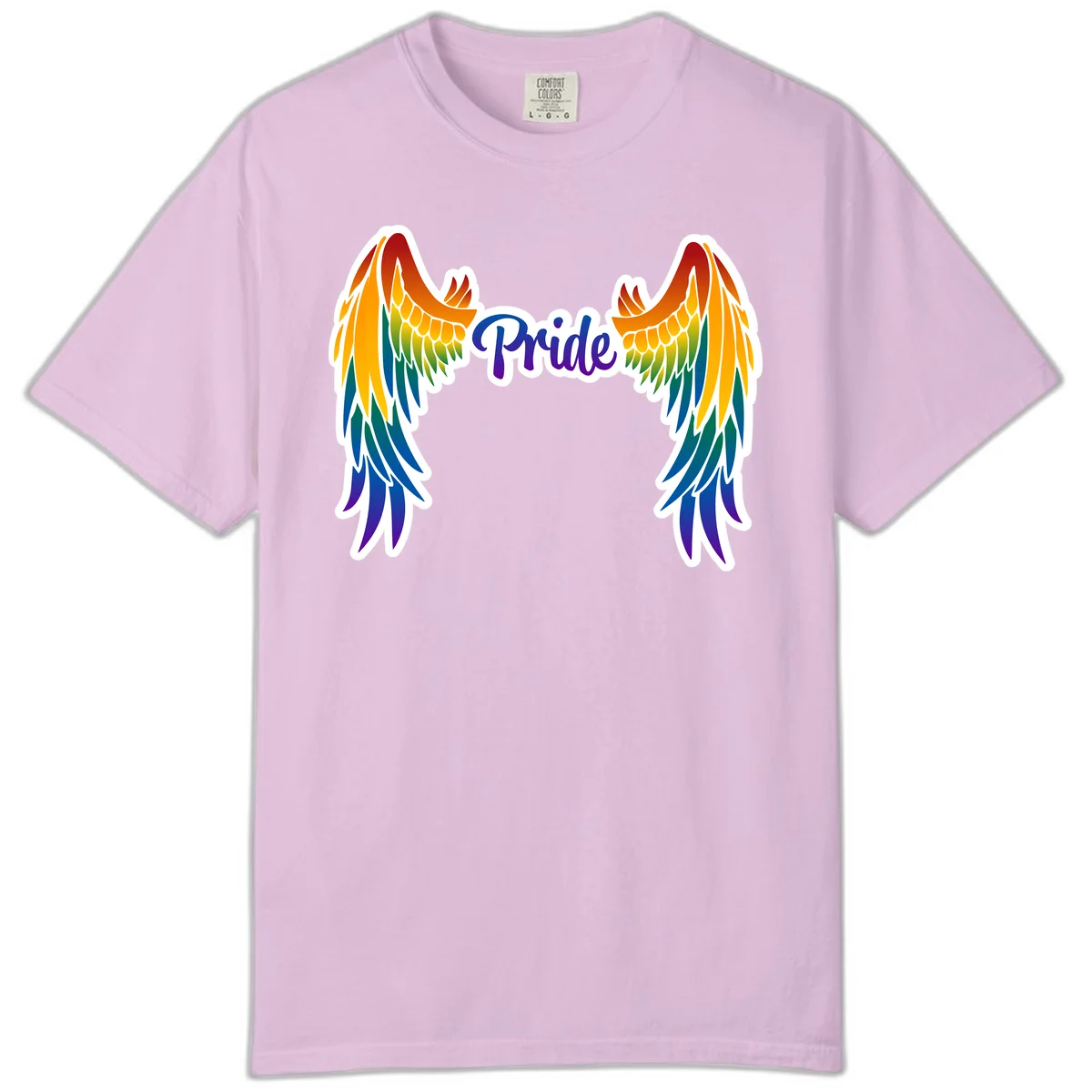 Rainbow gradient angel wings in red, orange, yellow, green, teal, blue, and purple with 'Pride' text in purple script in Orchid