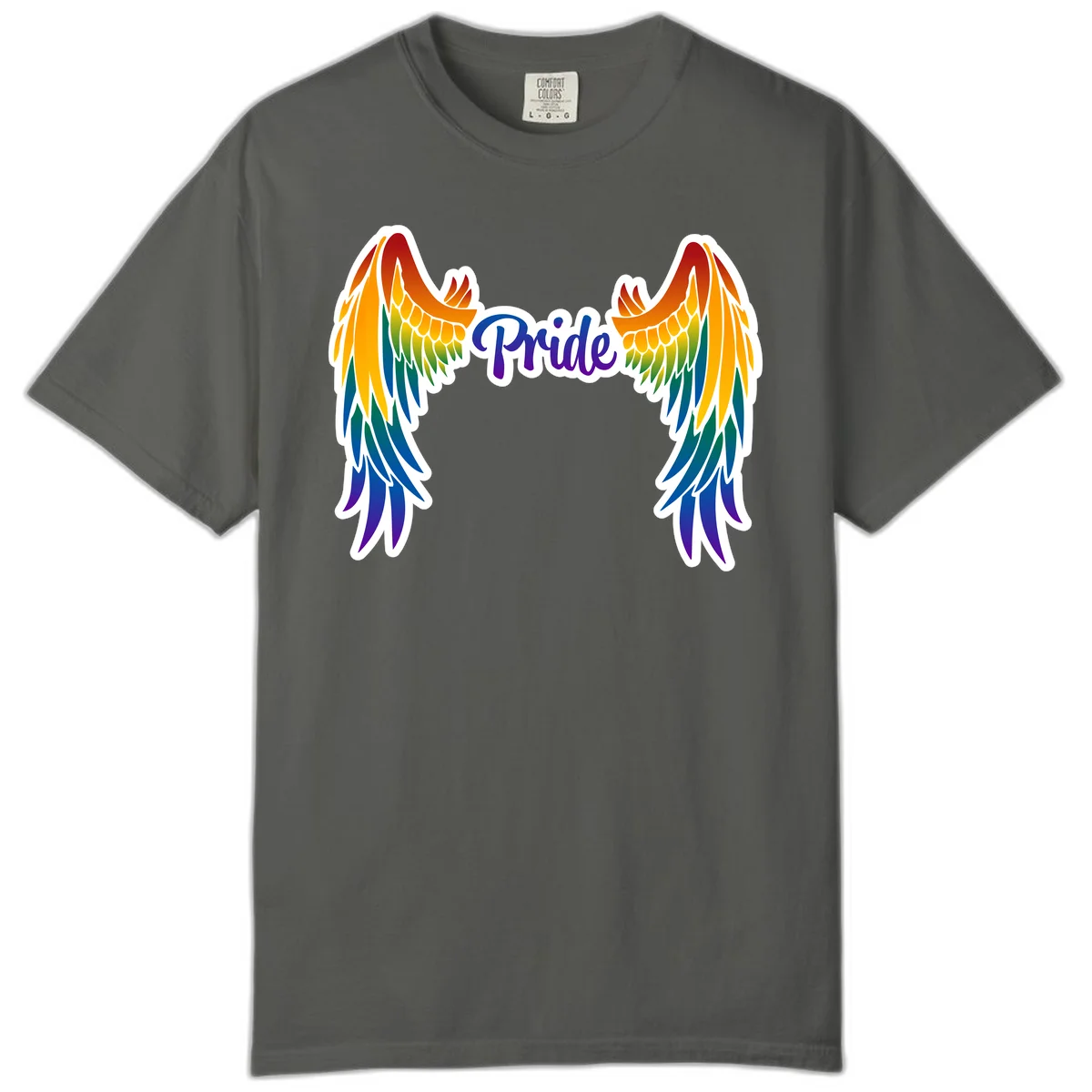 Rainbow gradient angel wings in red, orange, yellow, green, teal, blue, and purple with 'Pride' text in purple script in Pepper