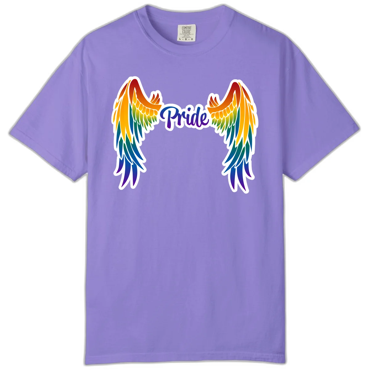 Rainbow gradient angel wings in red, orange, yellow, green, teal, blue, and purple with 'Pride' text in purple script in Violet