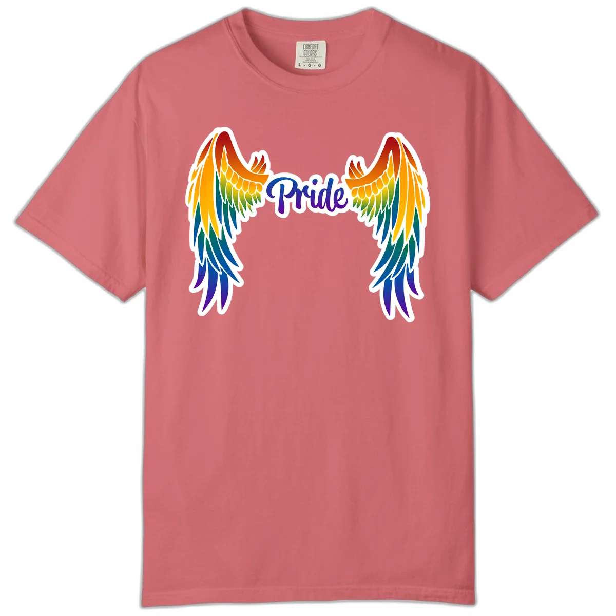 Rainbow gradient angel wings in red, orange, yellow, green, teal, blue, and purple with 'Pride' text in purple script in Watermelon