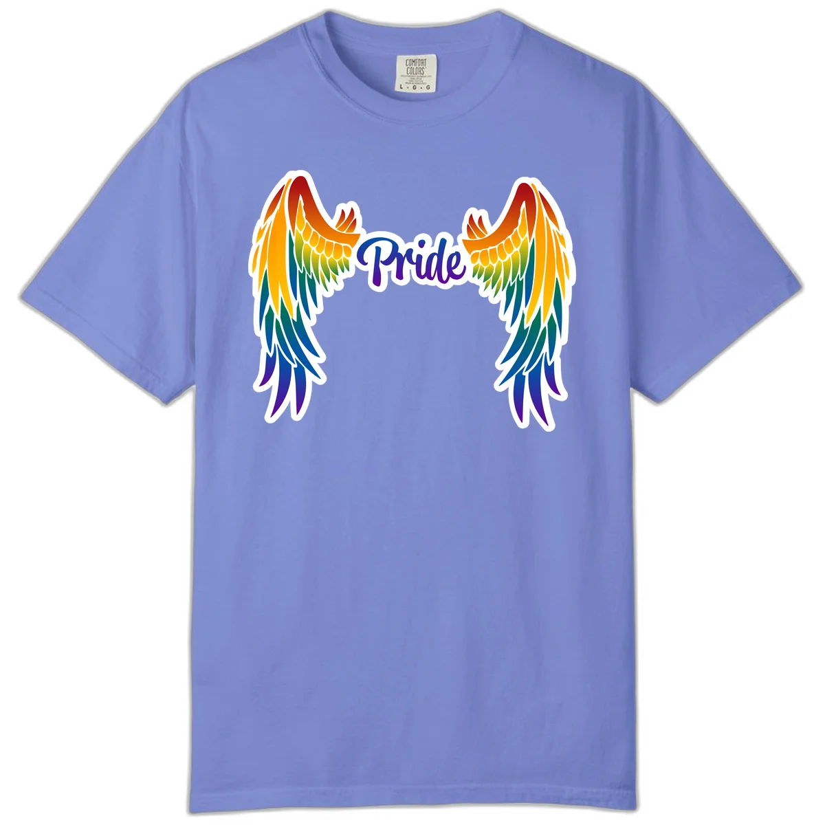 Rainbow gradient angel wings in red, orange, yellow, green, teal, blue, and purple with 'Pride' text in purple script in Flo Blue