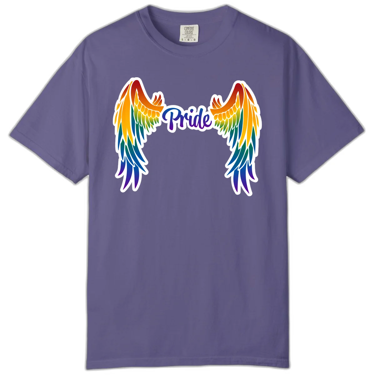 Rainbow gradient angel wings in red, orange, yellow, green, teal, blue, and purple with 'Pride' text in purple script in Grape