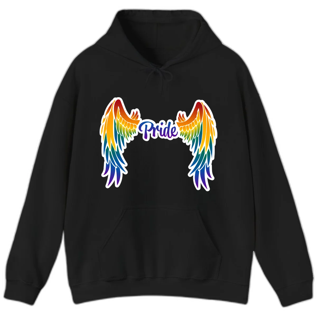 Rainbow gradient angel wings in red, orange, yellow, green, teal, blue, and purple with 'Pride' text in purple script in Black