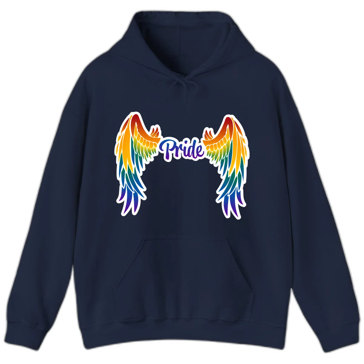 Rainbow gradient angel wings in red, orange, yellow, green, teal, blue, and purple with 'Pride' text in purple script in Navy