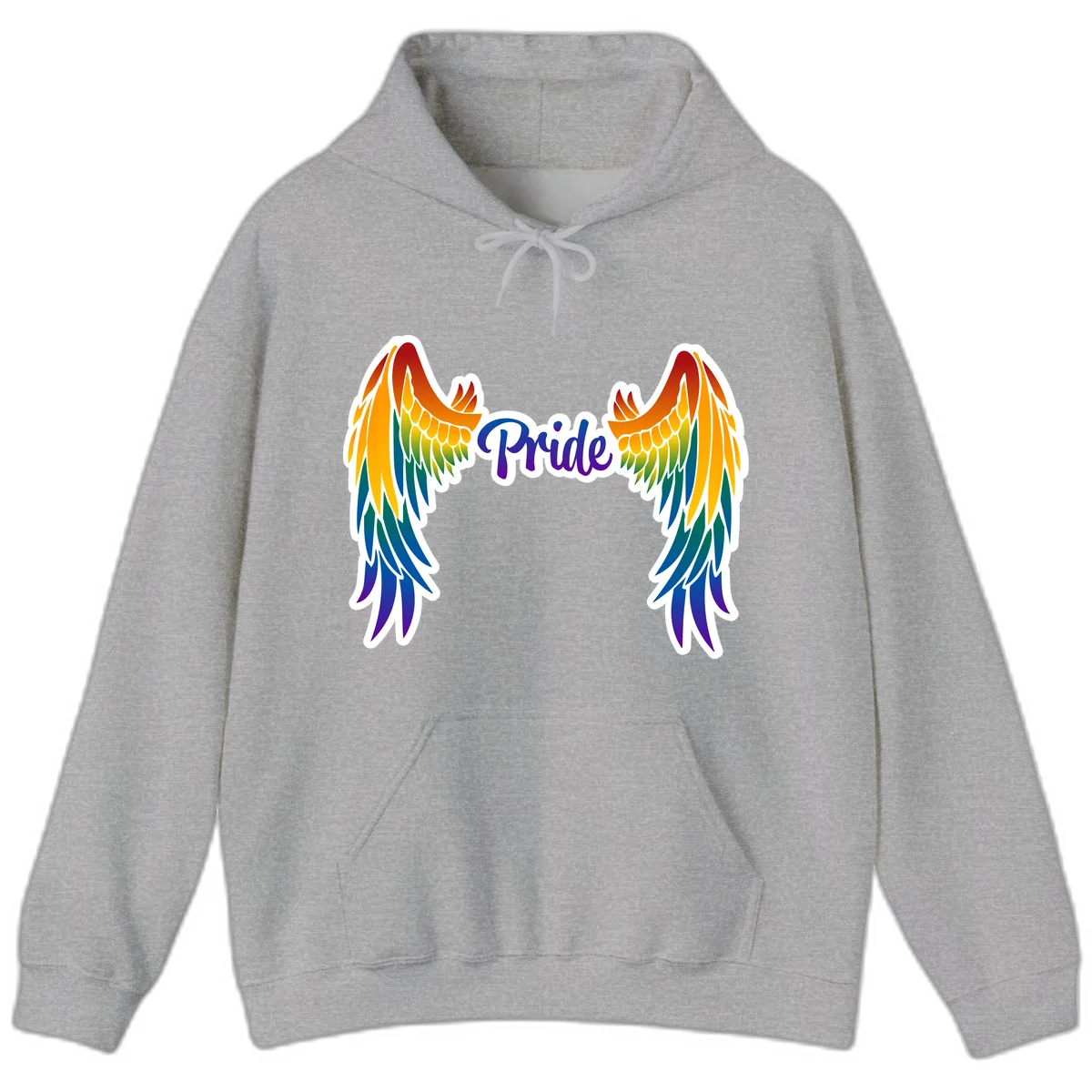 Rainbow gradient angel wings in red, orange, yellow, green, teal, blue, and purple with 'Pride' text in purple script in Sport Grey