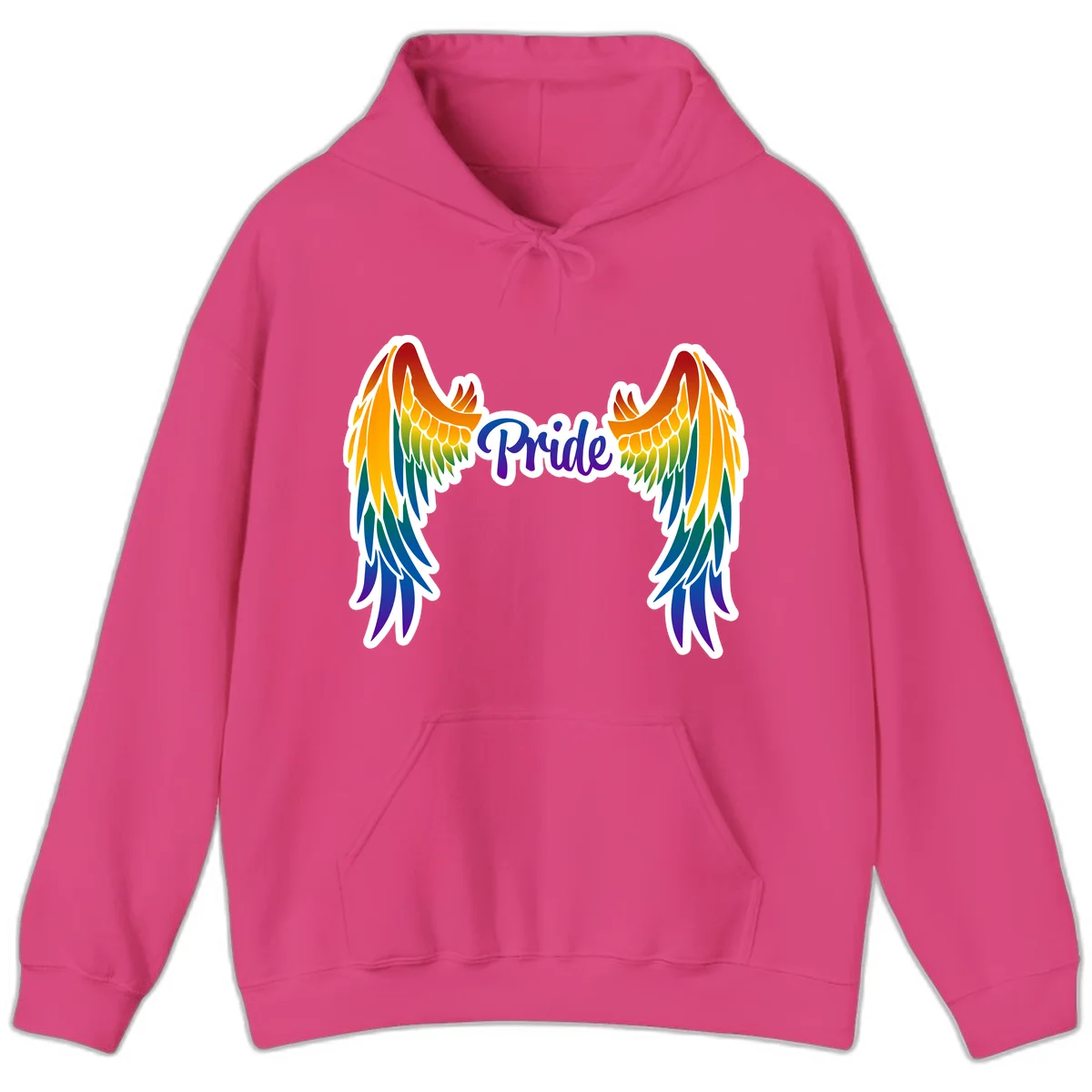Rainbow gradient angel wings in red, orange, yellow, green, teal, blue, and purple with 'Pride' text in purple script in Heliconia