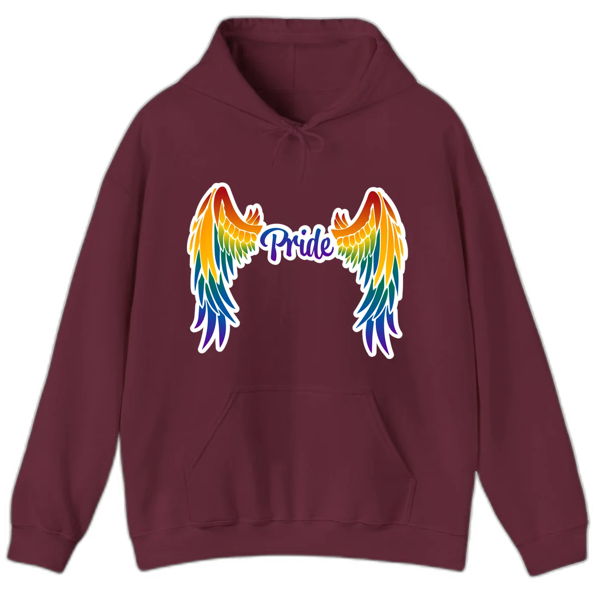 Rainbow gradient angel wings in red, orange, yellow, green, teal, blue, and purple with 'Pride' text in purple script in Maroon