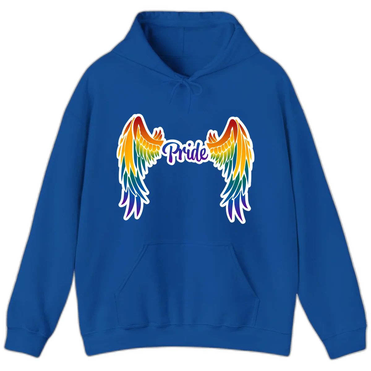 Rainbow gradient angel wings in red, orange, yellow, green, teal, blue, and purple with 'Pride' text in purple script in Royal