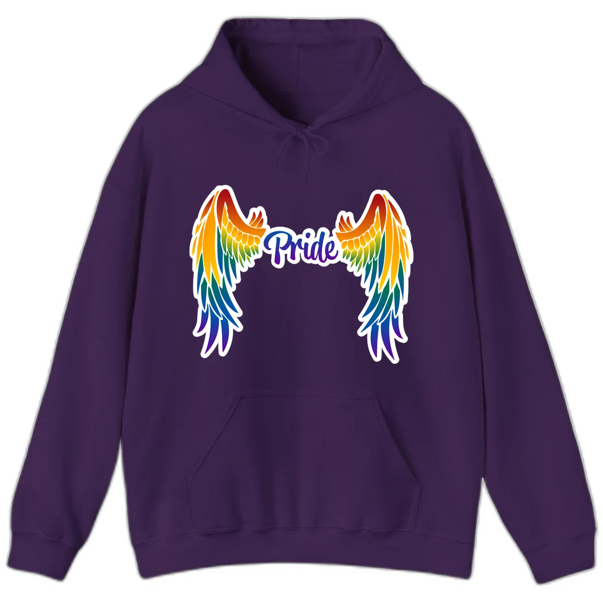 Rainbow gradient angel wings in red, orange, yellow, green, teal, blue, and purple with 'Pride' text in purple script in Purple