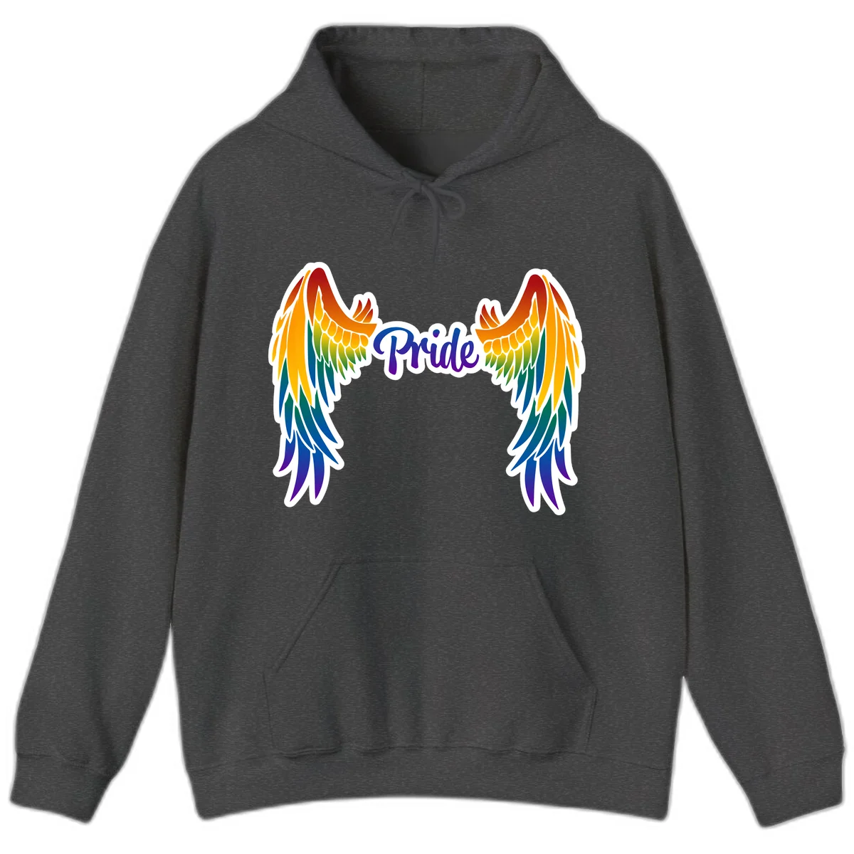 Rainbow gradient angel wings in red, orange, yellow, green, teal, blue, and purple with 'Pride' text in purple script in Dark Heather