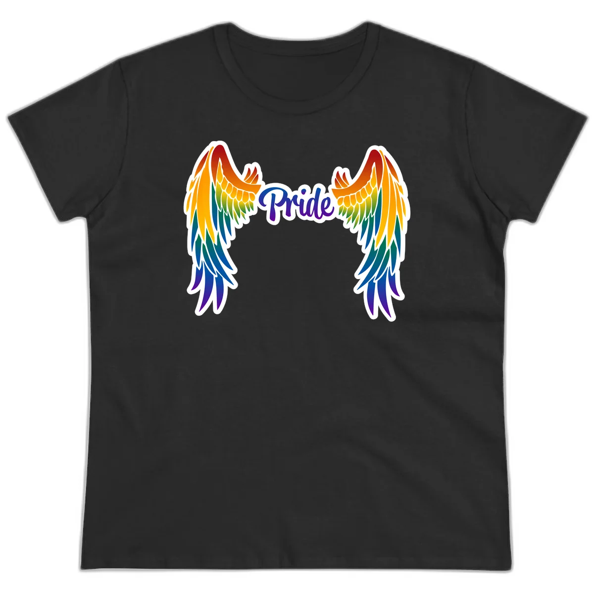 Rainbow gradient angel wings in red, orange, yellow, green, teal, blue, and purple with 'Pride' text in purple script in Black