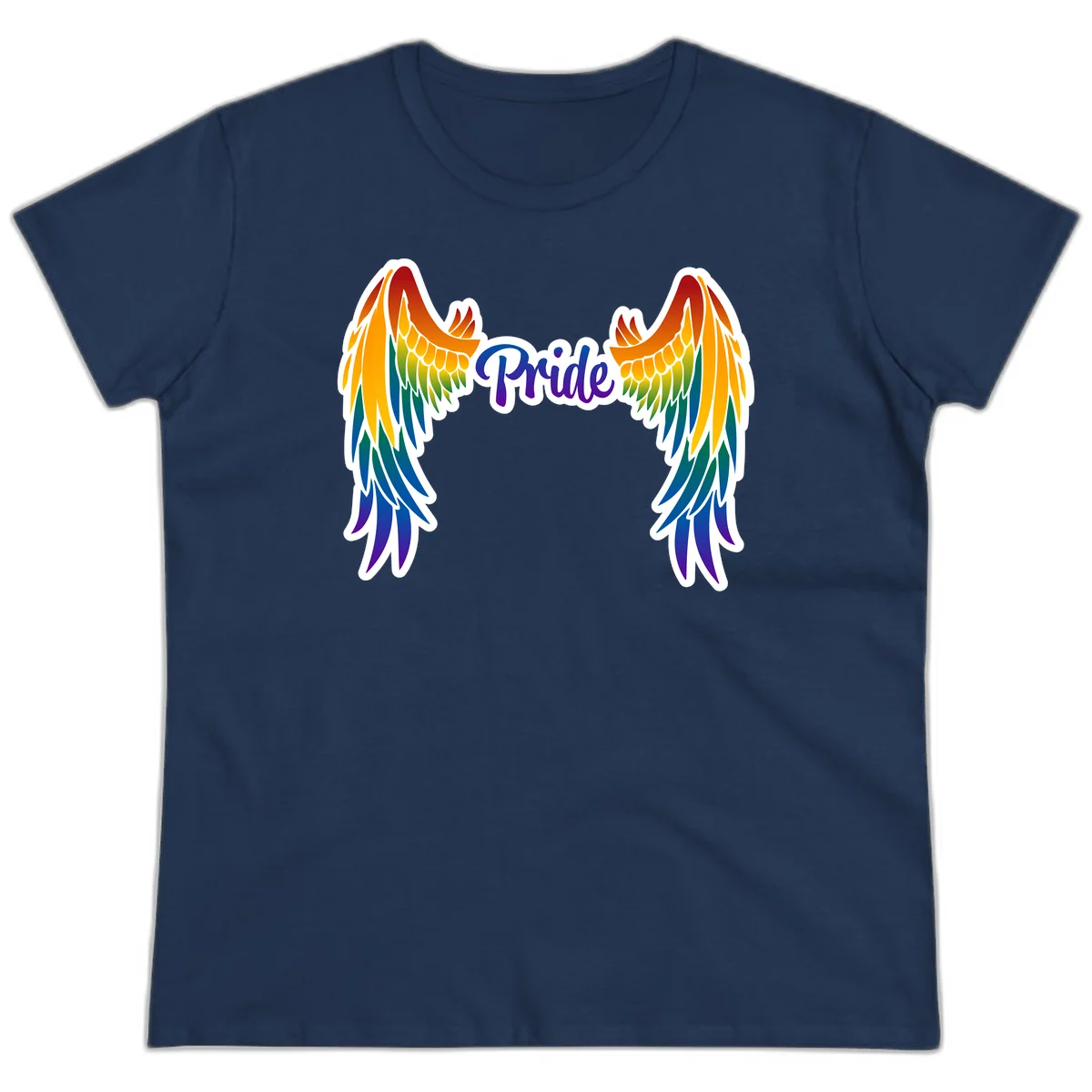 Rainbow gradient angel wings in red, orange, yellow, green, teal, blue, and purple with 'Pride' text in purple script in Navy
