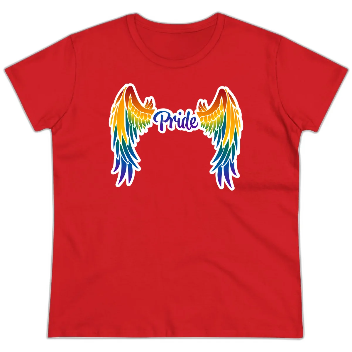 Rainbow gradient angel wings in red, orange, yellow, green, teal, blue, and purple with 'Pride' text in purple script in Red