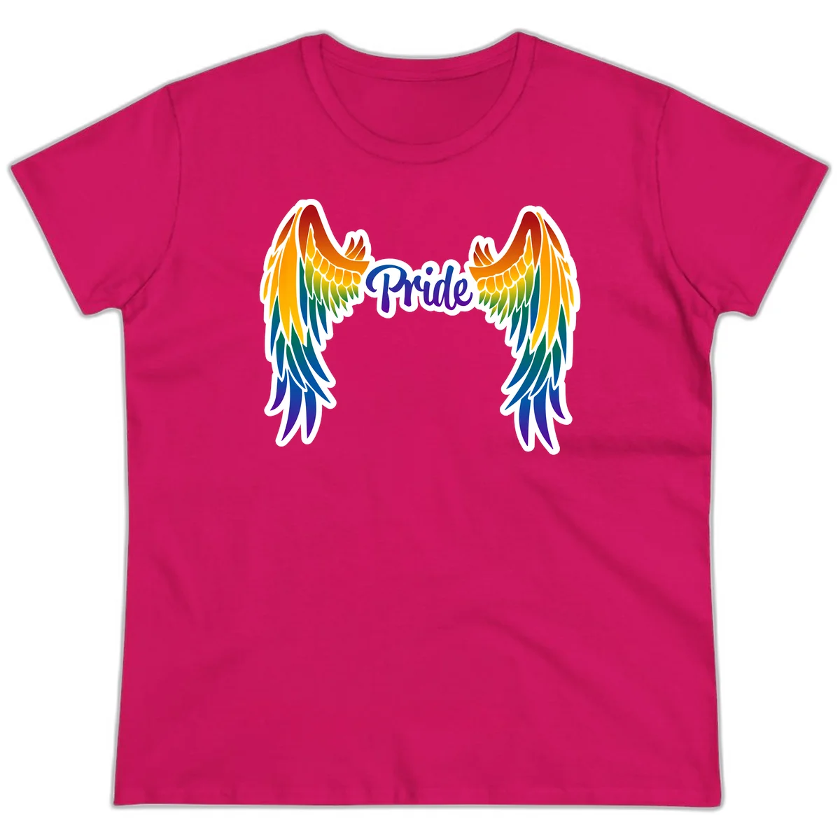 Rainbow gradient angel wings in red, orange, yellow, green, teal, blue, and purple with 'Pride' text in purple script in Heliconia