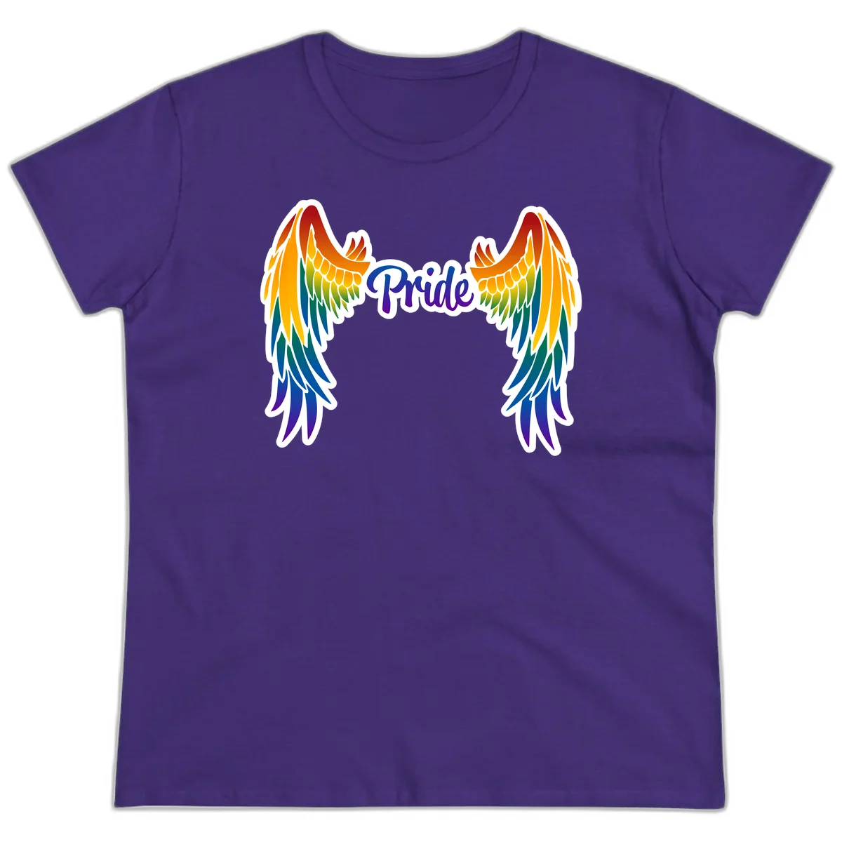 Rainbow gradient angel wings in red, orange, yellow, green, teal, blue, and purple with 'Pride' text in purple script in Purple
