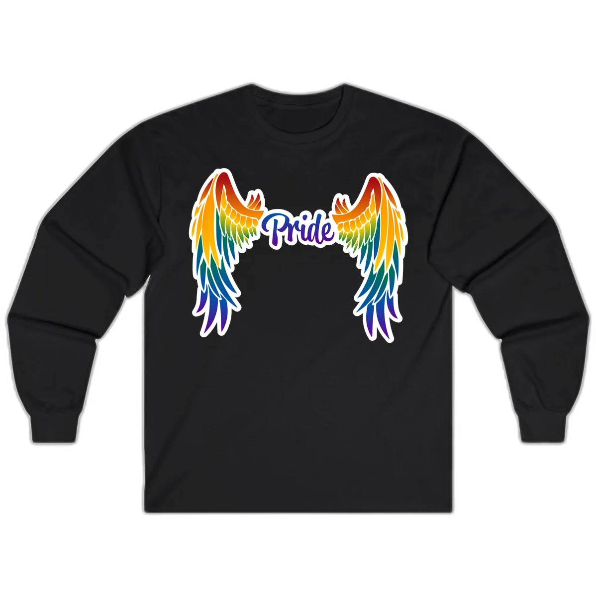 Rainbow gradient angel wings in red, orange, yellow, green, teal, blue, and purple with 'Pride' text in purple script in Black