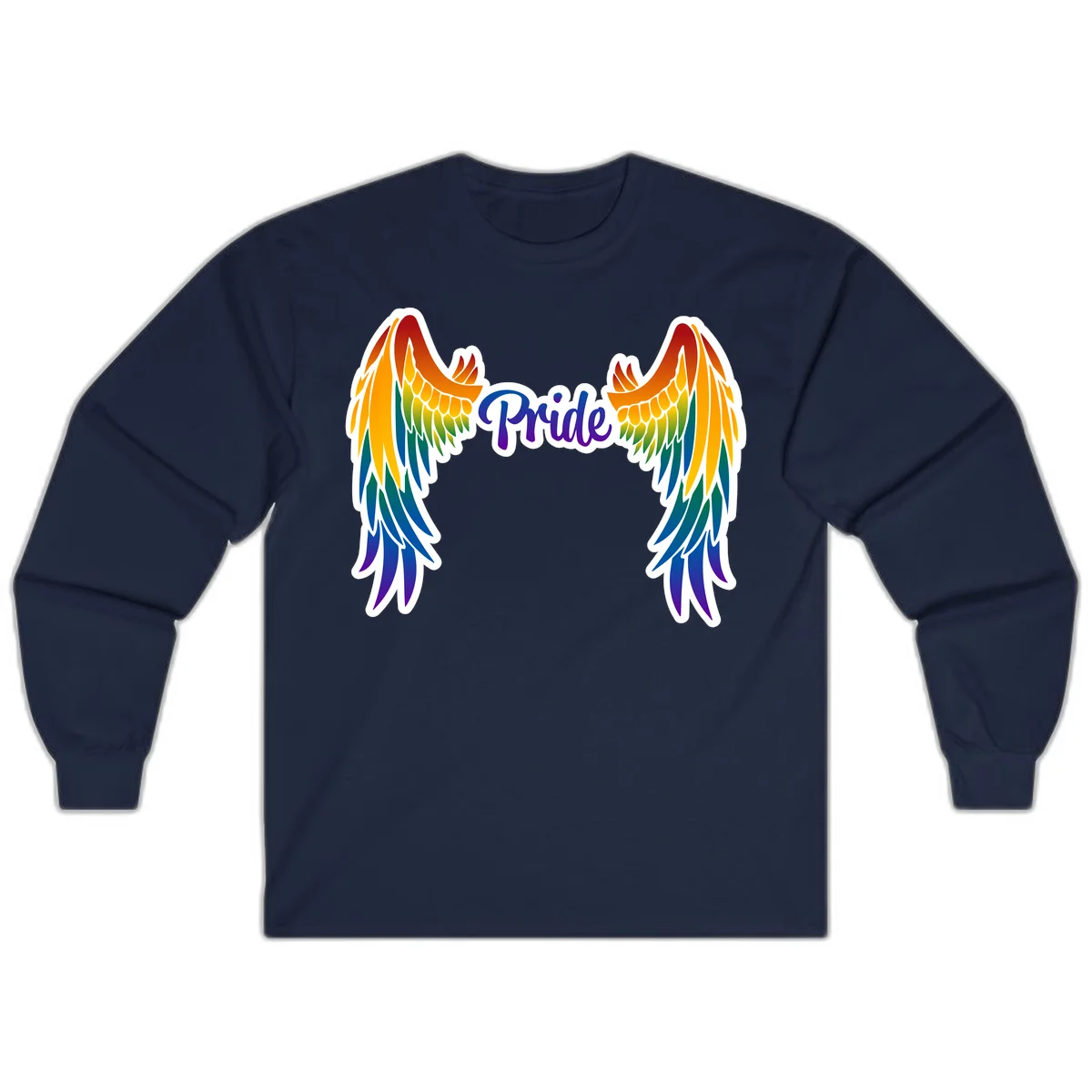 Rainbow gradient angel wings in red, orange, yellow, green, teal, blue, and purple with 'Pride' text in purple script in Navy