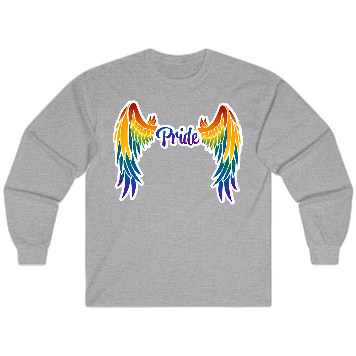 Rainbow gradient angel wings in red, orange, yellow, green, teal, blue, and purple with 'Pride' text in purple script in Sport Grey