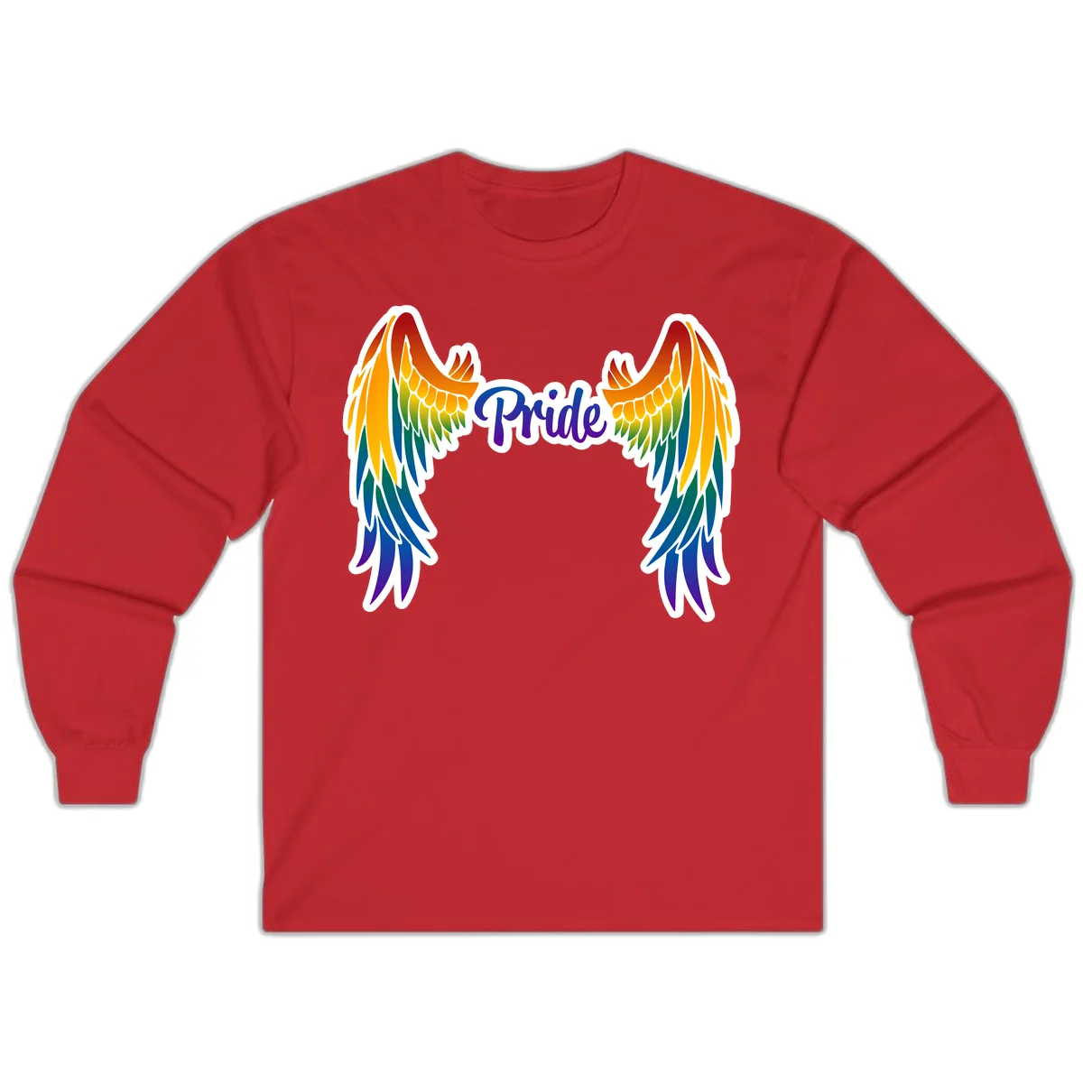 Rainbow gradient angel wings in red, orange, yellow, green, teal, blue, and purple with 'Pride' text in purple script in Red