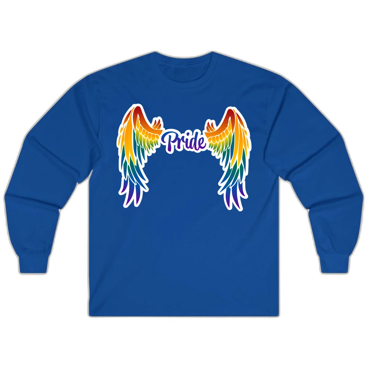Rainbow gradient angel wings in red, orange, yellow, green, teal, blue, and purple with 'Pride' text in purple script in Royal