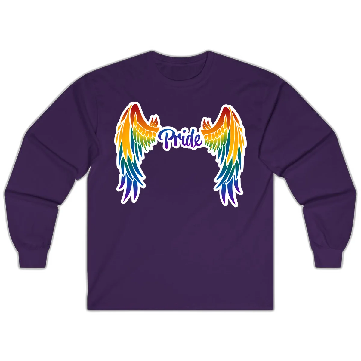 Rainbow gradient angel wings in red, orange, yellow, green, teal, blue, and purple with 'Pride' text in purple script in Purple