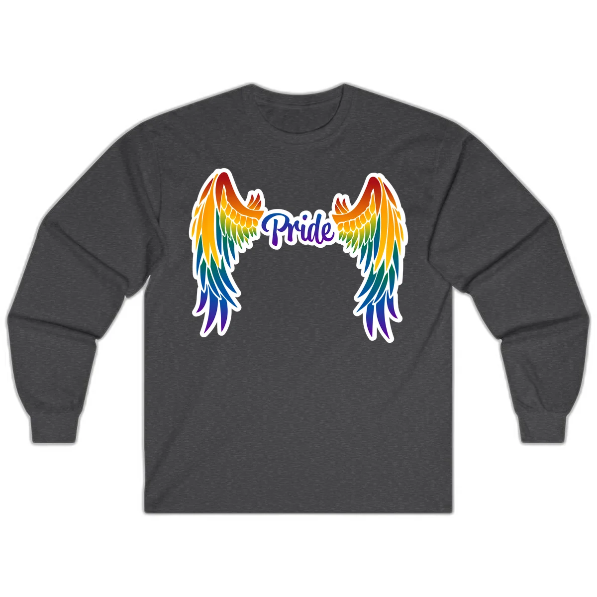 Rainbow gradient angel wings in red, orange, yellow, green, teal, blue, and purple with 'Pride' text in purple script in Dark Heather